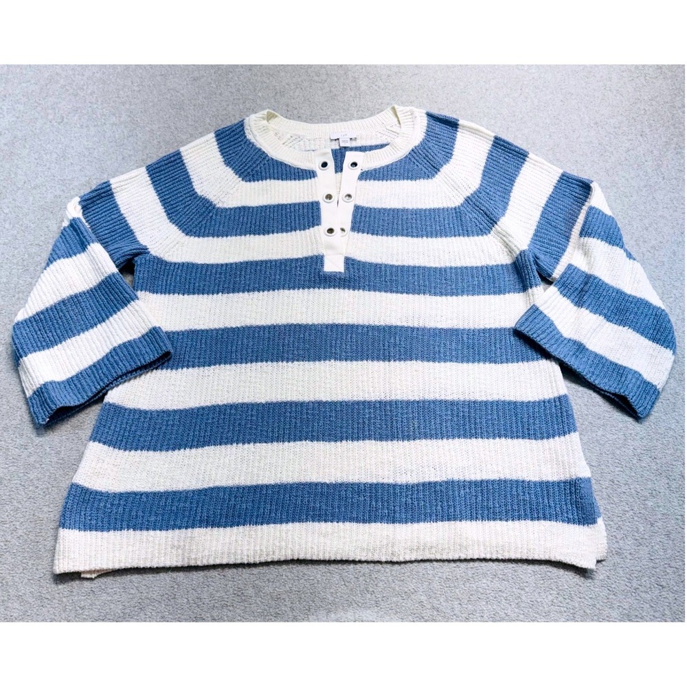 J. Jill Henley Sweater Womens L Blue White Striped Coastal Grommet Pullover Cozy